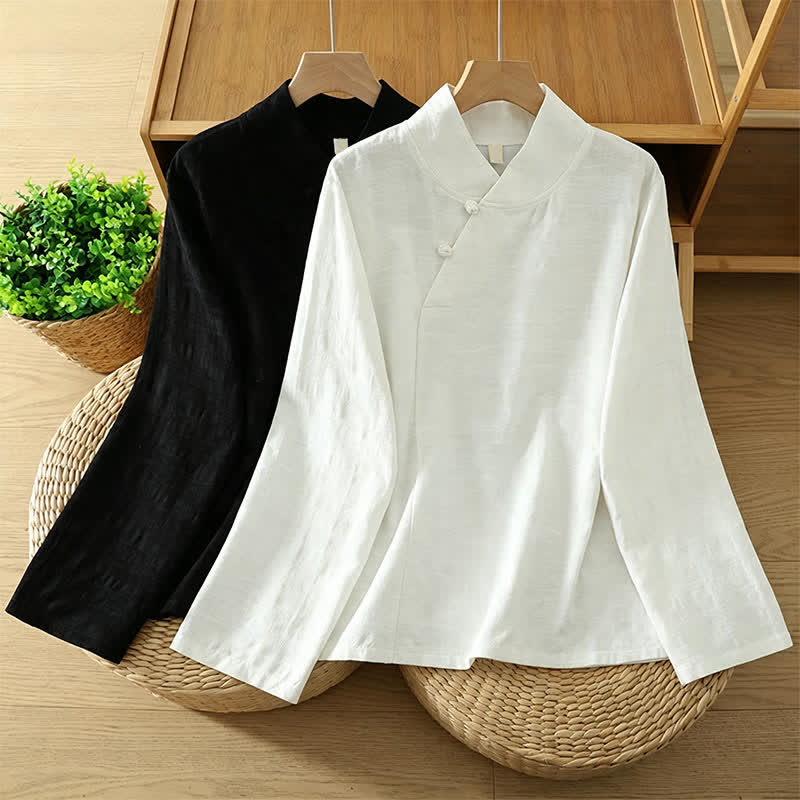 Buddha Stones Spring Fall Tang Style Minimalist Mandarin Collar Solid Women's Long Sleeve Shirts - image 0