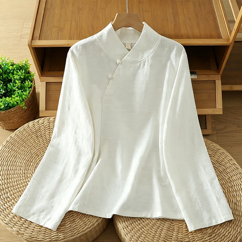 Buddha Stones Spring Fall Tang Style Minimalist Mandarin Collar Solid Women's Long Sleeve Shirts - White - US6, UK/AU10, EU38 (XL) - image 1
