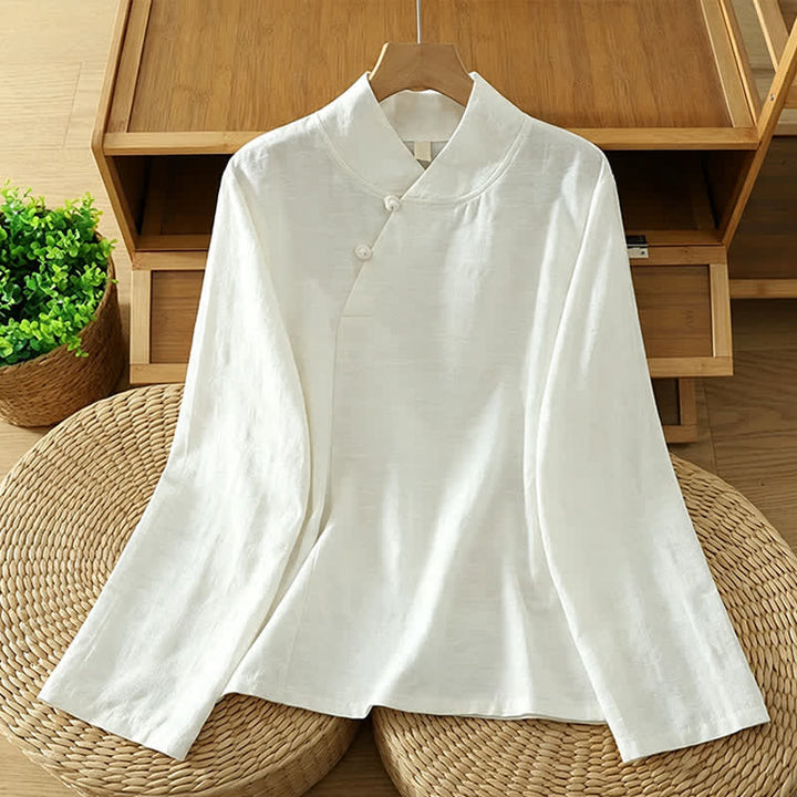 Buddha Stones Spring Fall Tang Style Minimalist Mandarin Collar Solid Women's Long Sleeve Shirts - White - US6, UK/AU10, EU38 (XL) - image 1