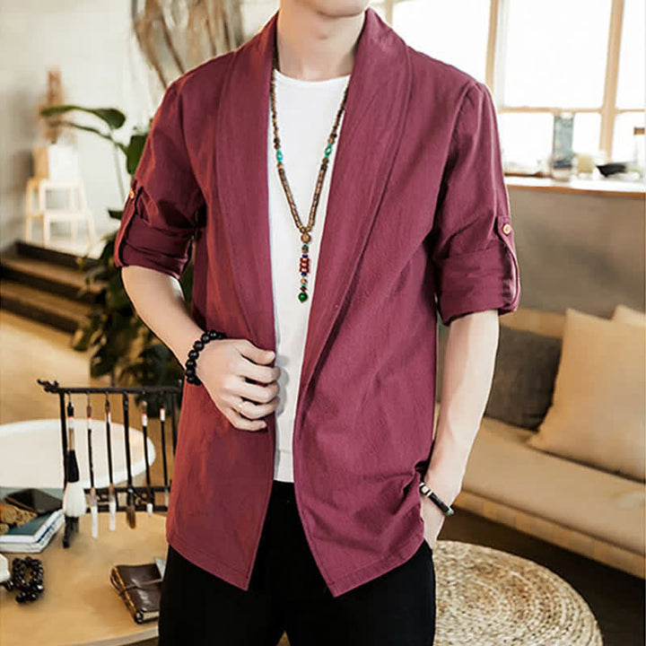 Buddha Stones Spring Fall Casual Minimalist Solid Men's Kimono - Maroon - US/UK/AU46, EU56 (5XL) - image 19