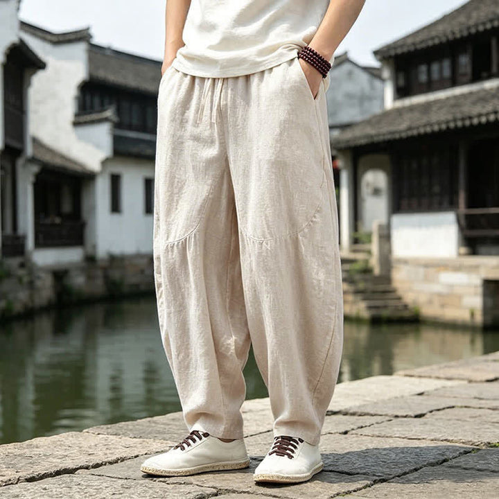 Buddha Stones Spring Summer Vintage Casual Drawstring Solid Cropped Pants Men's Harem Pants With Pockets - Linen - US/UK/AU46, EU56 (5XL) - image 0