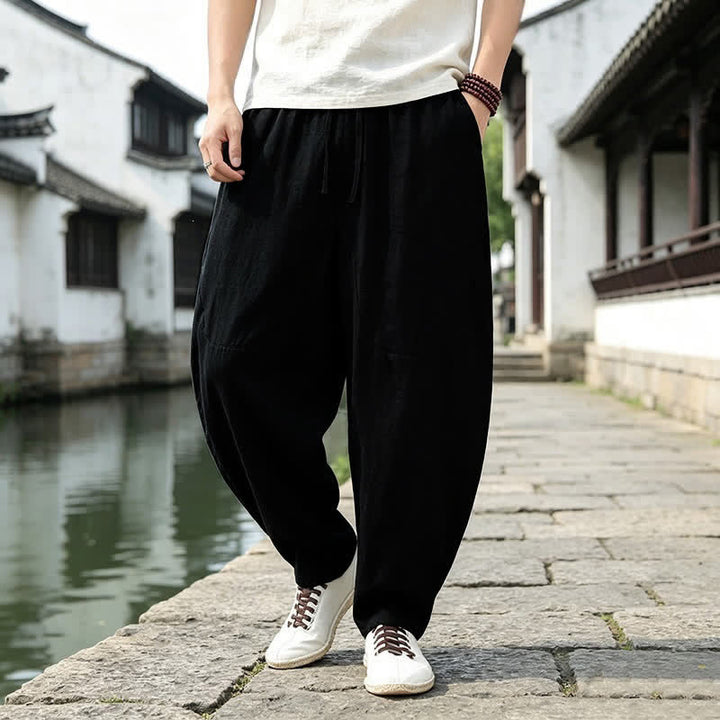 Buddha Stones Spring Summer Vintage Casual Drawstring Solid Cropped Pants Men's Harem Pants With Pockets - image 6