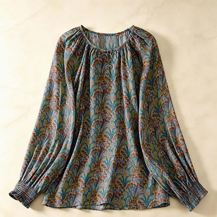 Buddha Stones Fall Vintage Floral Women's Long Sleeve Shirts - Teal - US8-10, UK/AU12-14, EU40-42 (2XL) - image 0