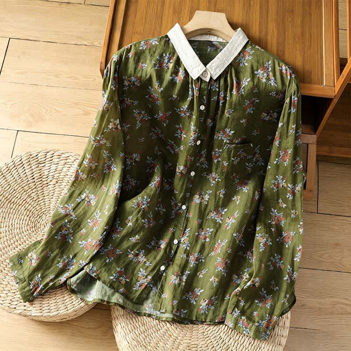 Buddha Stones Spring Summer Vintage Button-Up Floral Women's Long Sleeve Shirts With Pocket - OliveDrab - US8-10, UK/AU12-14, EU40-42 (2XL) - image 7