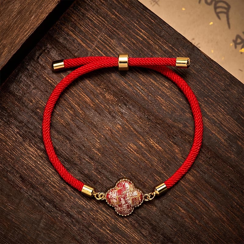 Buddha Stones Red String Song Brocade Four-leaf Clover Luck Bracelet - Song brocade(Same Color Tone – Pattern Varies) - image 0