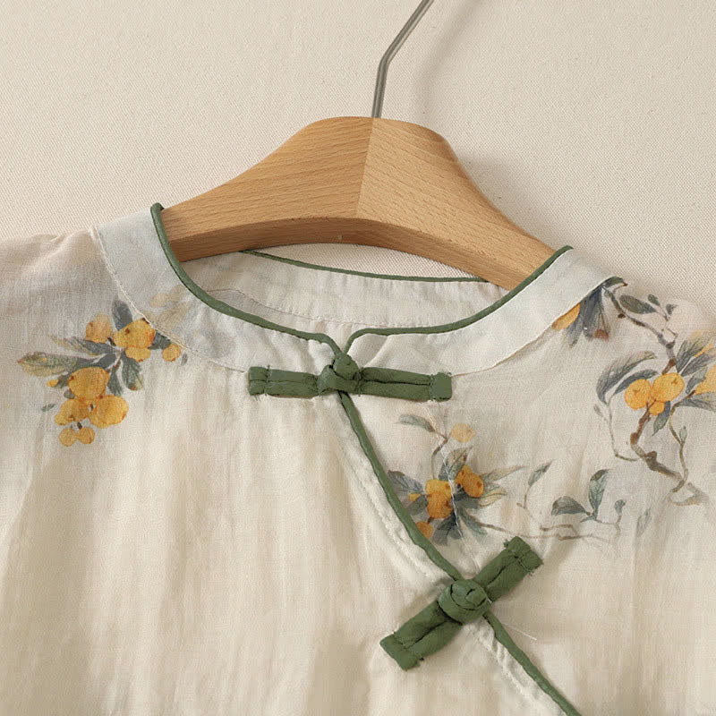 Buddha Stones Summer Tang Style Vintage Mandarin Collar Yellow Loquat Floral Tank Top Women's Sleeveless Shirts - image 13