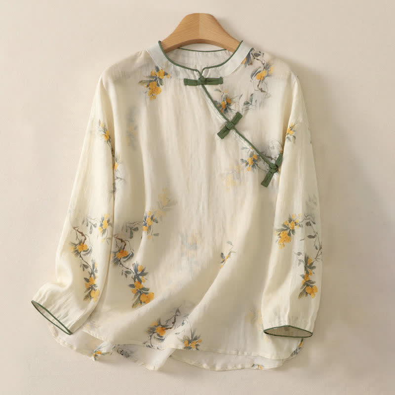 Buddha Stones Summer Tang Style Vintage Mandarin Collar Yellow Loquat Floral Tank Top Women's Sleeveless Shirts - Beige - Long Sleeve - US12，UK/AU16，EU44 (2XL) - image 11