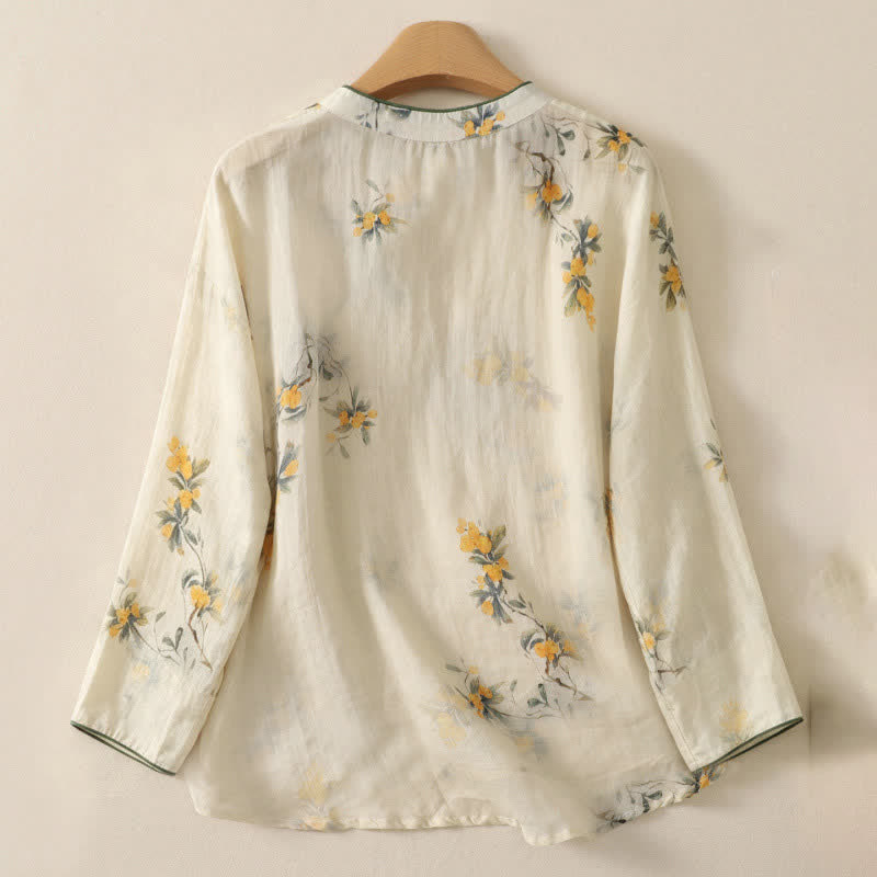 Buddha Stones Summer Tang Style Vintage Mandarin Collar Yellow Loquat Floral Tank Top Women's Sleeveless Shirts - image 12