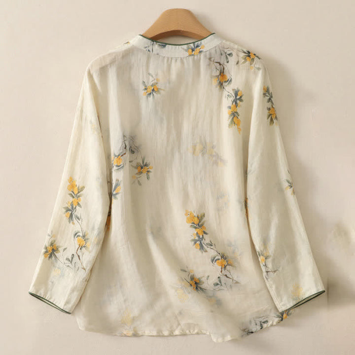 Buddha Stones Summer Tang Style Vintage Mandarin Collar Yellow Loquat Floral Tank Top Women's Sleeveless Shirts - image 12