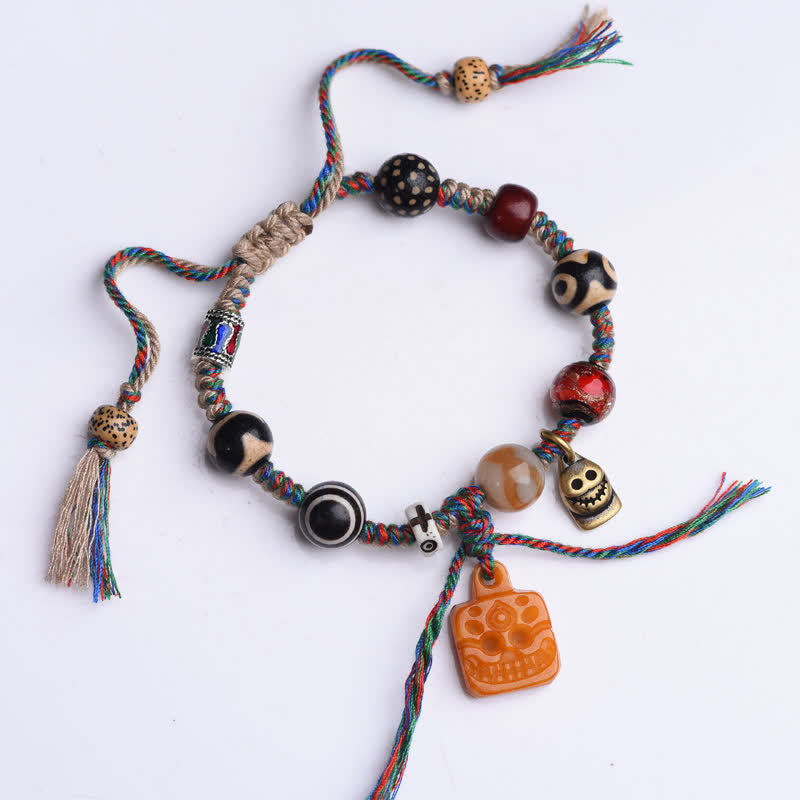 Buddha Stones Tibetan Dzi Bead Bone Braided Multicolor String Blessings Bracelet - image 1