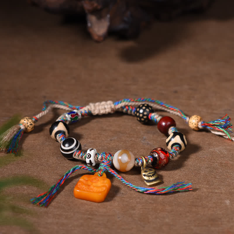 Buddha Stones Tibetan Dzi Bead Bone Braided Multicolor String Blessings Bracelet - image 4