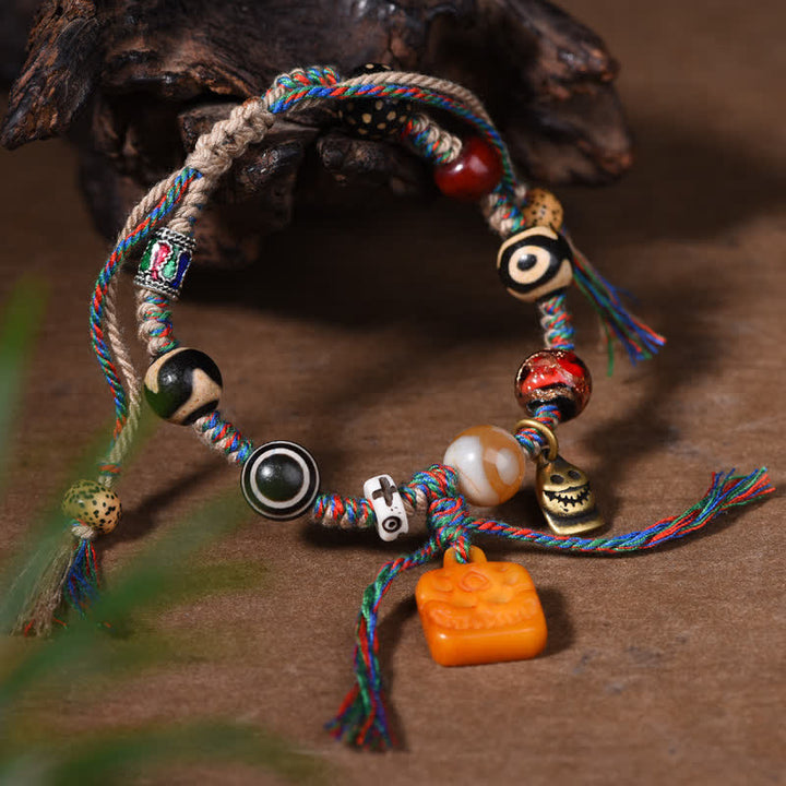 Buddha Stones Tibetan Dzi Bead Bone Braided Multicolor String Blessings Bracelet - image 3
