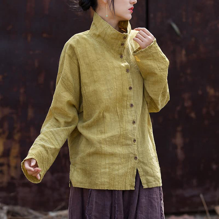 Buddha Stones Spring Fall Casual Tang Style Mandarin Collar Solid Ramie Women's Long Sleeve Shirts - image 2
