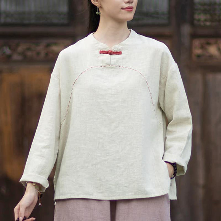 Buddha Stones Spring Fall Casual Tang Style Frog Button Solid Ramie Women's Long Sleeve Shirts With Pocket - image 2