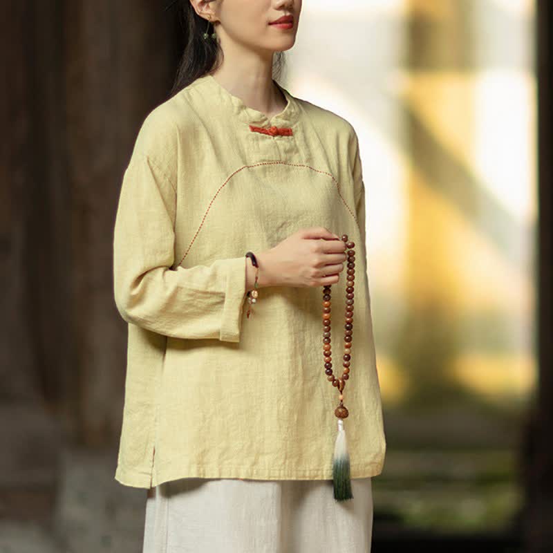 Buddha Stones Spring Fall Casual Tang Style Frog Button Solid Ramie Women's Long Sleeve Shirts With Pocket - image 6