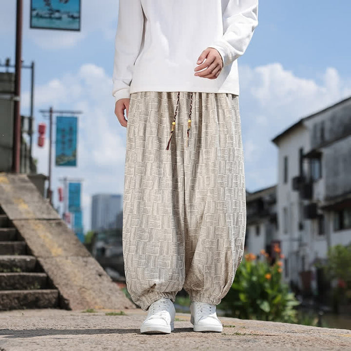Buddha Stones Fall Winter Casual Vintage Drawstring Geometric Ankle Pants Men's Harem Pants With Pocket - Beige - US/UK/AU54，EU64 (9XL) - image 5