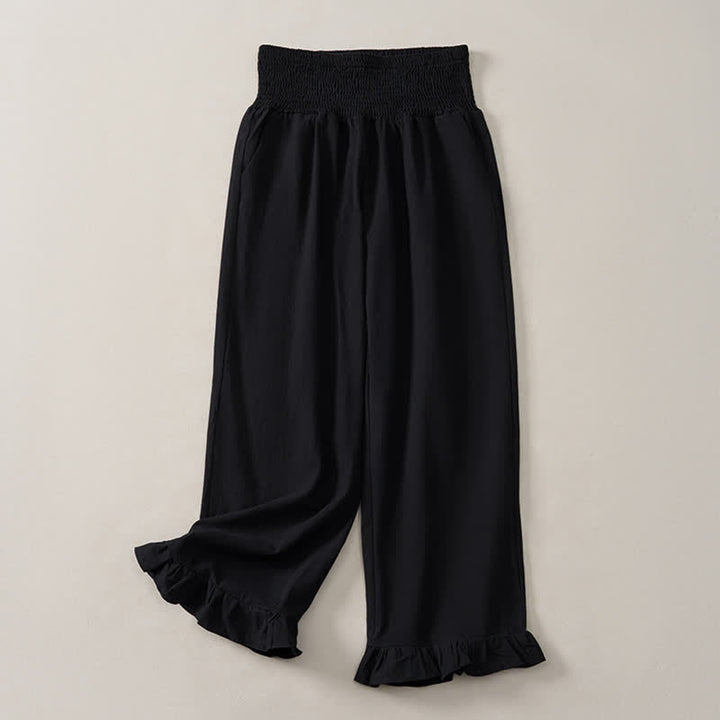 Buddha Stones Spring Summer Casual Boho Solid Ruffled Hems Design Ankle Pants Women's Straight Leg Pants With Pockets - Black - US12, UK/AU16, EU44 (2XL) - image 9