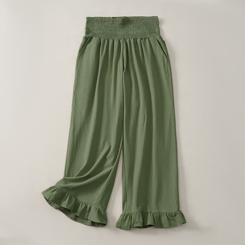 Buddha Stones Spring Summer Casual Boho Solid Ruffled Hems Design Ankle Pants Women's Straight Leg Pants With Pockets - OliveDrab - US12, UK/AU16, EU44 (2XL) - image 18