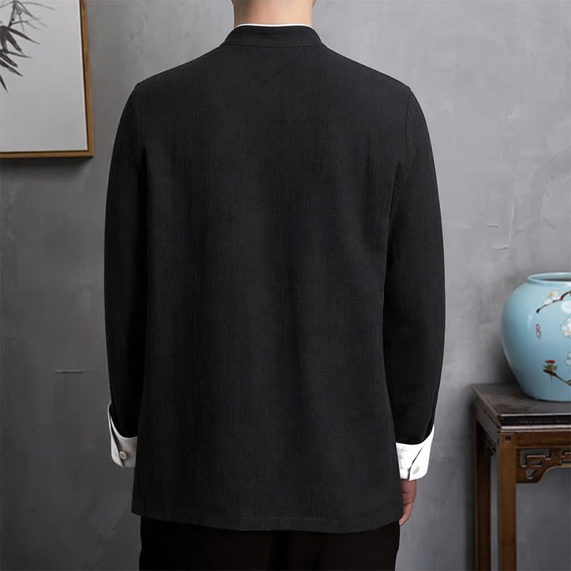 Buddha Stones Spring Fall Vintage Tang Style Frog Button Crane Embroidery Men's Long Sleeve Shirts - image 11