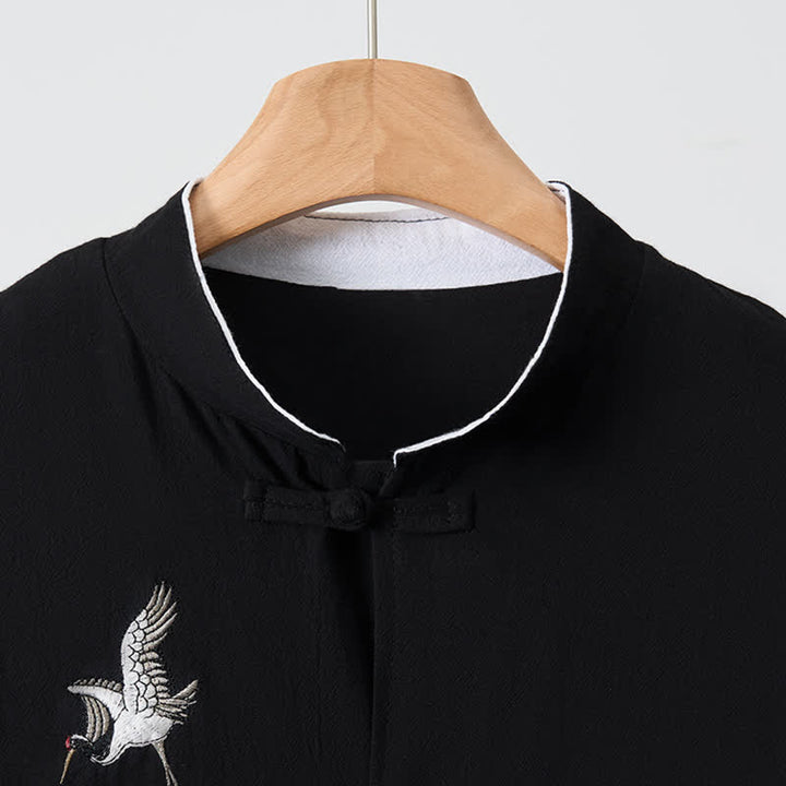 Buddha Stones Spring Fall Vintage Tang Style Frog Button Crane Embroidery Men's Long Sleeve Shirts - image 14