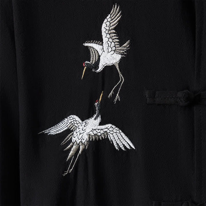 Buddha Stones Spring Fall Vintage Tang Style Frog Button Crane Embroidery Men's Long Sleeve Shirts - image 16