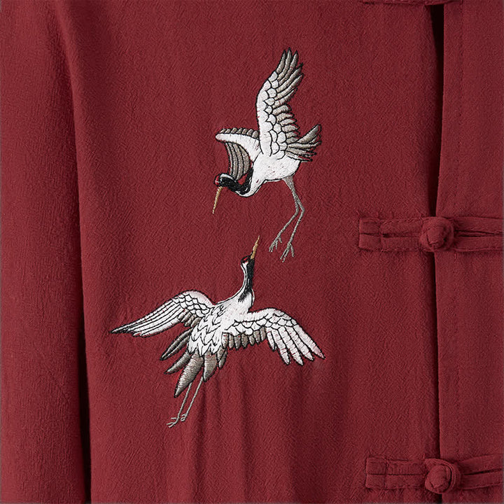 Buddha Stones Spring Fall Vintage Tang Style Frog Button Crane Embroidery Men's Long Sleeve Shirts - image 5