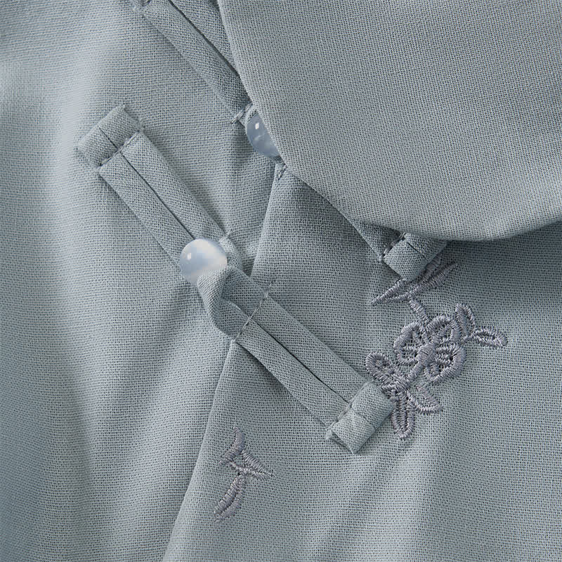 Buddha Stones Summer Vintage Tang Style Frog Button Embroidery Flower Solid Women's Elbow-Length Sleeve Shirts - image 3