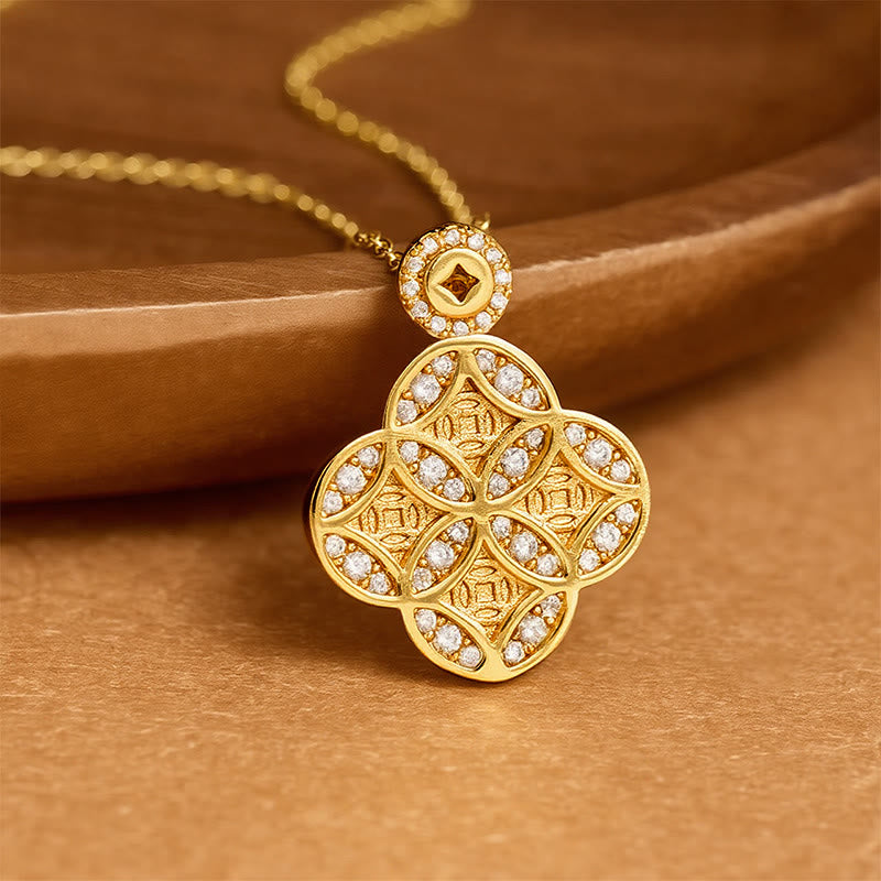 Buddha Stones Copper Chinese Coin Prosperity Four Leaf Clover Necklace - image 1