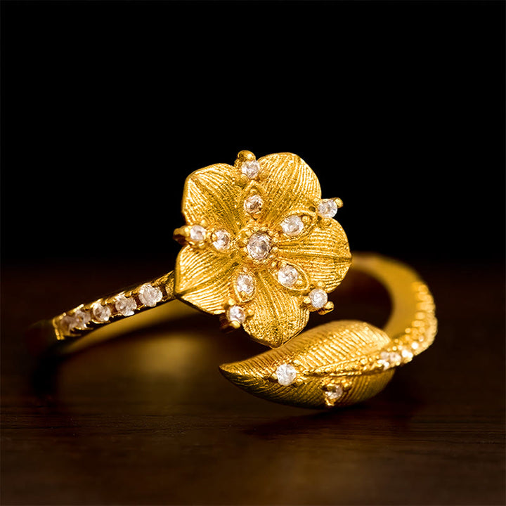 Buddha Stones Golden Camellia Blossom Alloy Open Ring - Approx. 15.8-18.4mm (US 5-US 8) - image 0