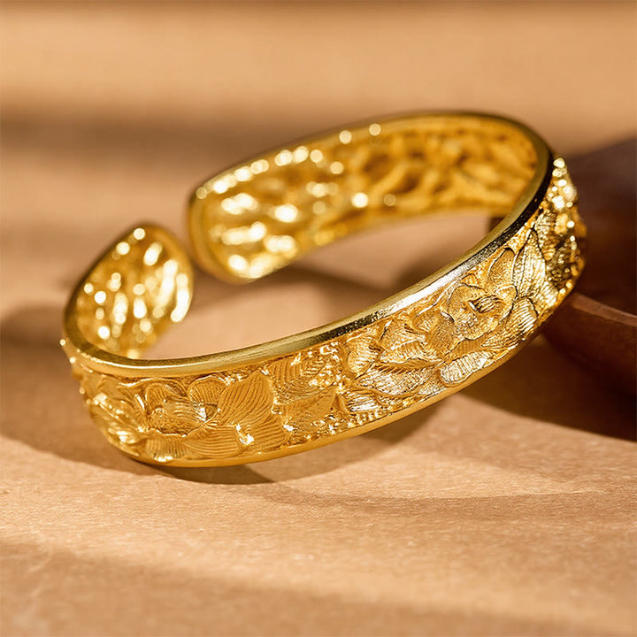 Buddha Stones Gold Plated Copper Engraved Peony Energy Open Cuff Bracelet - image 3