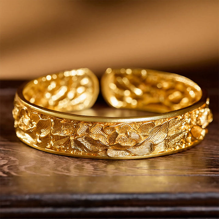 Buddha Stones Gold Plated Copper Engraved Peony Energy Open Cuff Bracelet - image 7