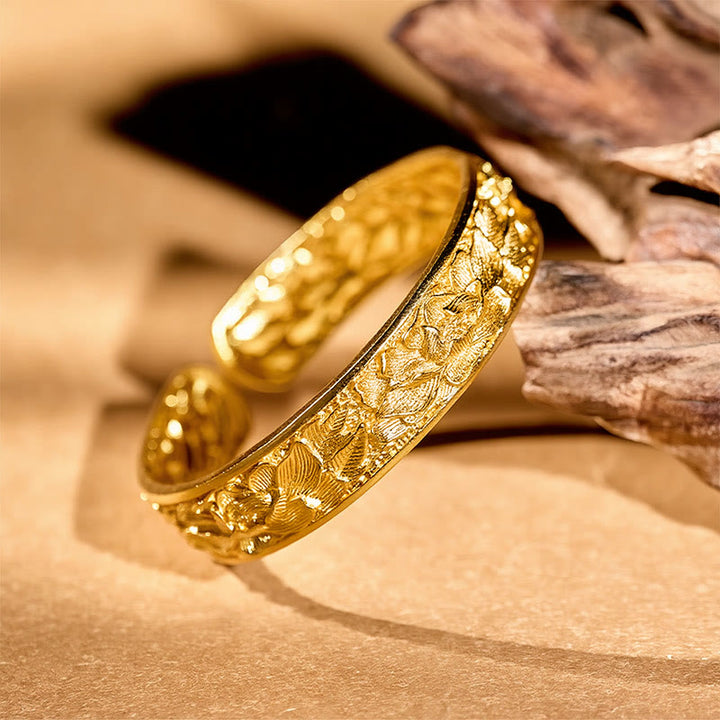 Buddha Stones Gold Plated Copper Engraved Peony Energy Open Cuff Bracelet - image 1