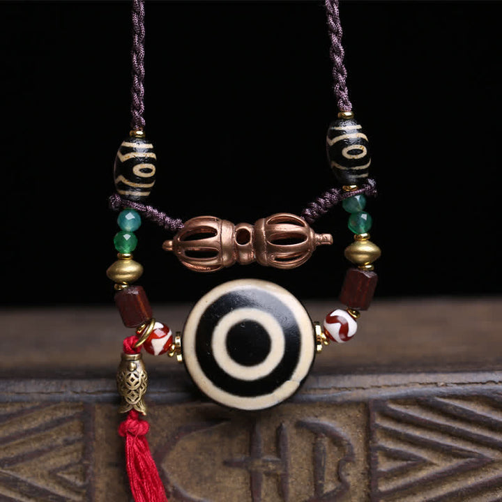 Buddha Stones Tibetan Dzi Bead Vajra Three-Eye Dzi Bead Braided Rope Protection Necklace - image 1