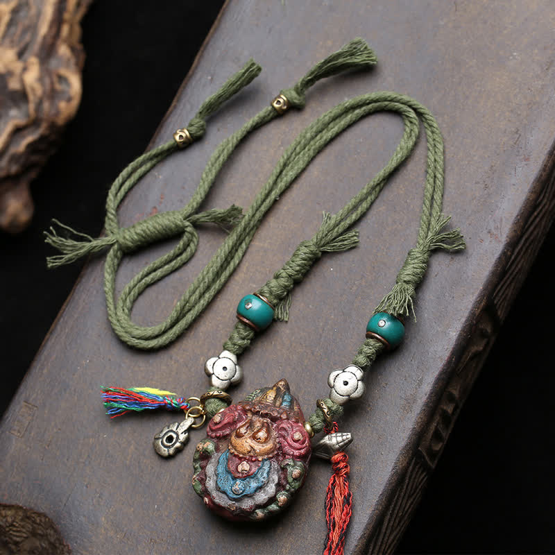 Buddha Stones Tibetan Painted Tsa-tsa Carved Tassel Grounding Pendant Necklace - Approx. 48.5 × 38.0 × 21.5mm - image 0