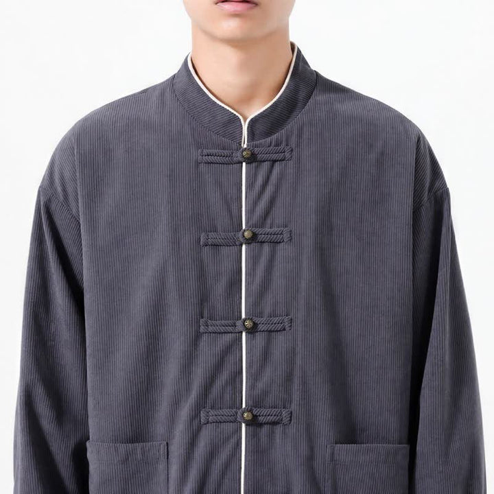 Buddha Stones Fall Winter Casual Tang Style Frog Button Solid Corduroy Men's Jackets With Pocket - image 4