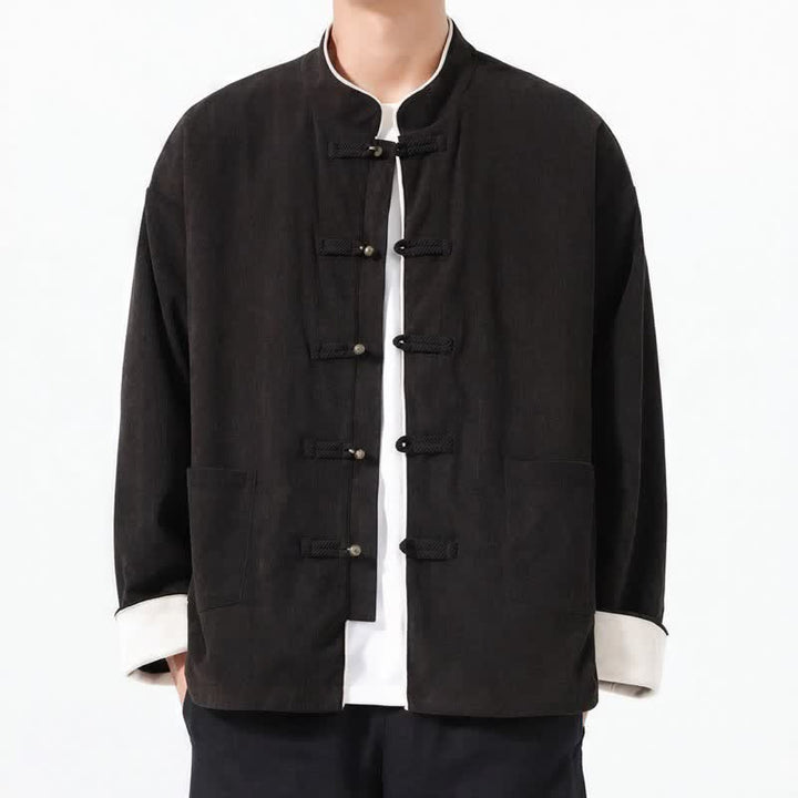 Buddha Stones Fall Winter Casual Tang Style Frog Button Solid Corduroy Men's Jackets With Pocket - Black - US/UK/AU46，EU56 (5XL) - image 10