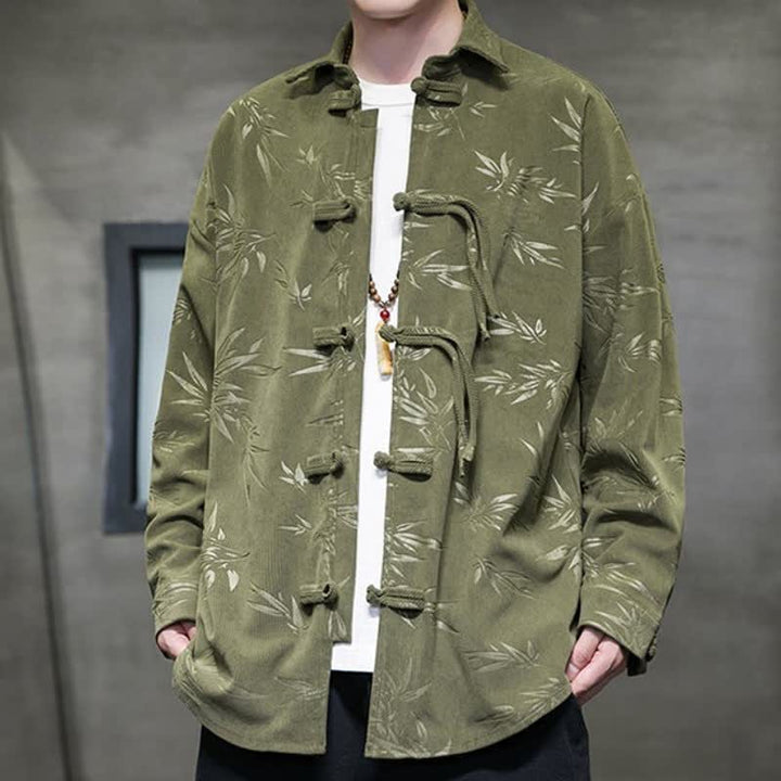 Buddha Stones Fall Winter Casual Tang Style Frog Button Floral Corduroy Men's Long Sleeve Shirts With Pocket - image 4