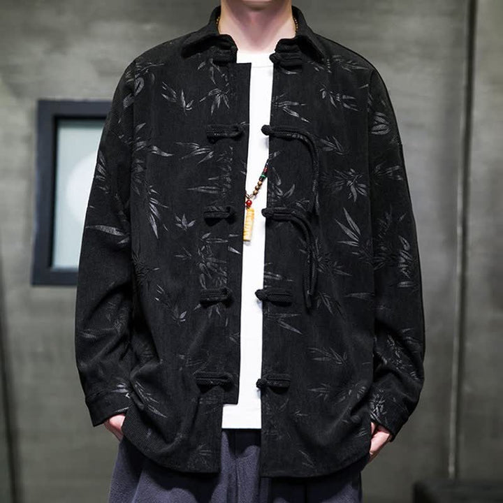 Buddha Stones Fall Winter Casual Tang Style Frog Button Floral Corduroy Men's Long Sleeve Shirts With Pocket - Black - US/UK/AU46，EU56 (5XL) - image 5