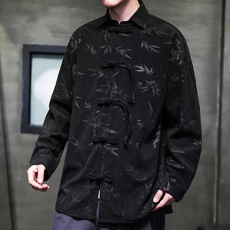 Buddha Stones Fall Winter Casual Tang Style Frog Button Floral Corduroy Men's Long Sleeve Shirts With Pocket - image 8