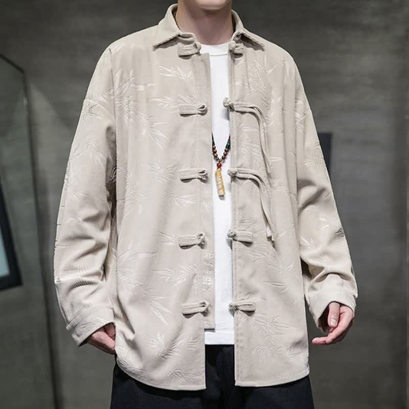 Buddha Stones Fall Winter Casual Tang Style Frog Button Floral Corduroy Men's Long Sleeve Shirts With Pocket - image 13