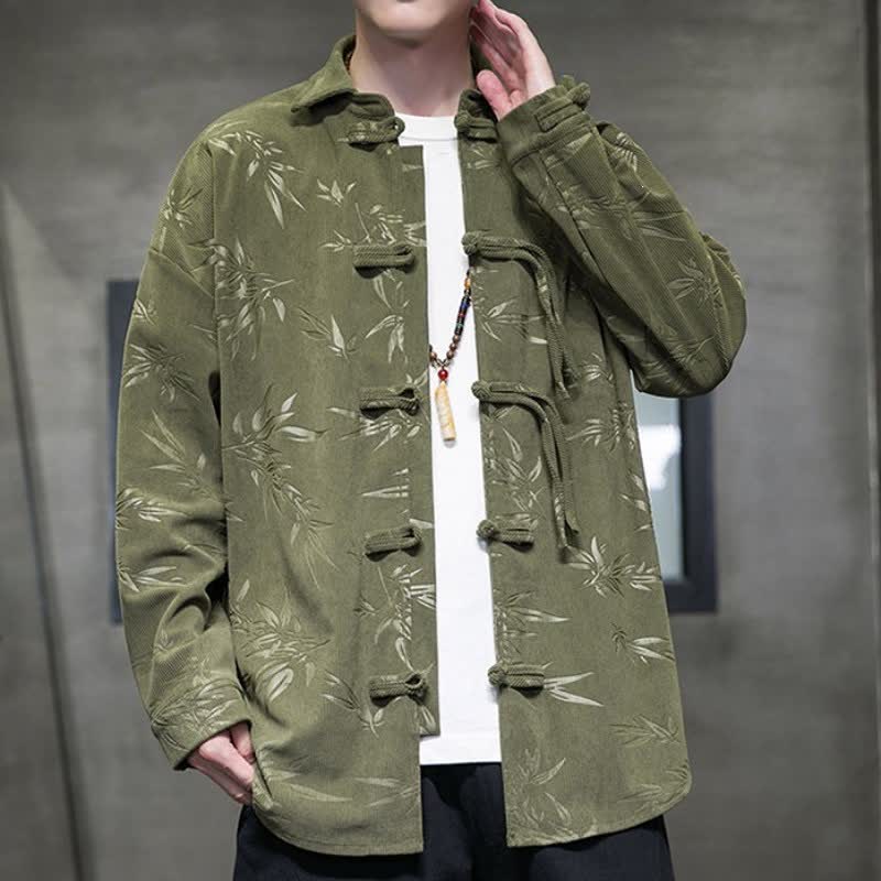 Buddha Stones Fall Winter Casual Tang Style Frog Button Floral Corduroy Men's Long Sleeve Shirts With Pocket - image 1