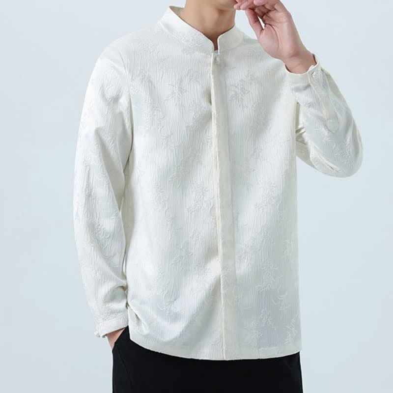 Buddha Stones Fall Winter Tang Style Elegant Mandarin Collar Floral Men's Long Sleeve Shirts With Pocket - image 10