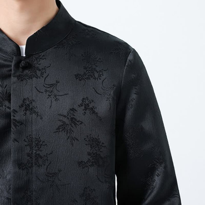 Buddha Stones Fall Winter Tang Style Elegant Mandarin Collar Floral Men's Long Sleeve Shirts With Pocket - image 6