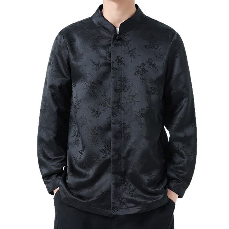 Buddha Stones Fall Winter Tang Style Elegant Mandarin Collar Floral Men's Long Sleeve Shirts With Pocket - image 2
