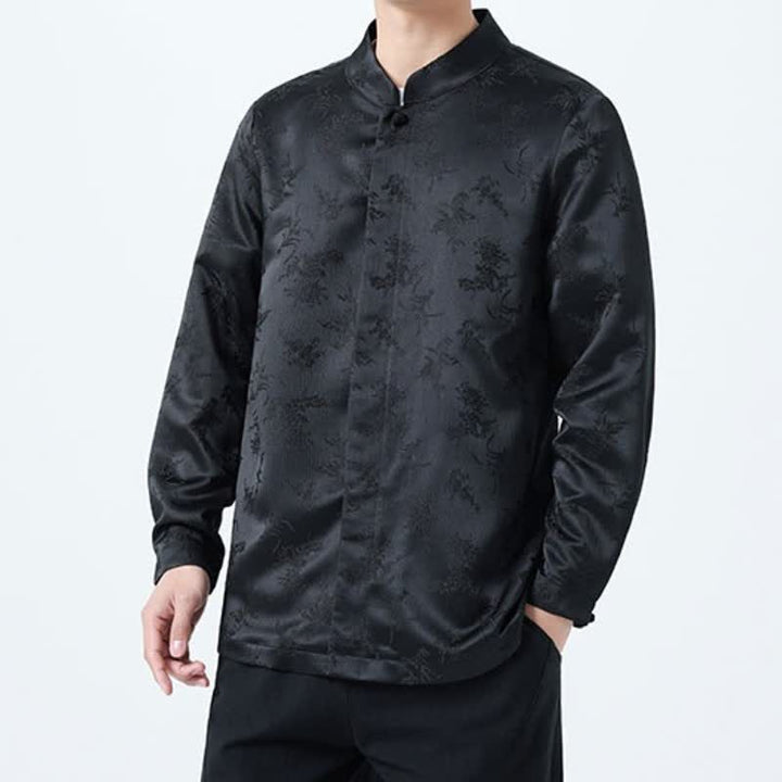 Buddha Stones Fall Winter Tang Style Elegant Mandarin Collar Floral Men's Long Sleeve Shirts With Pocket - image 5