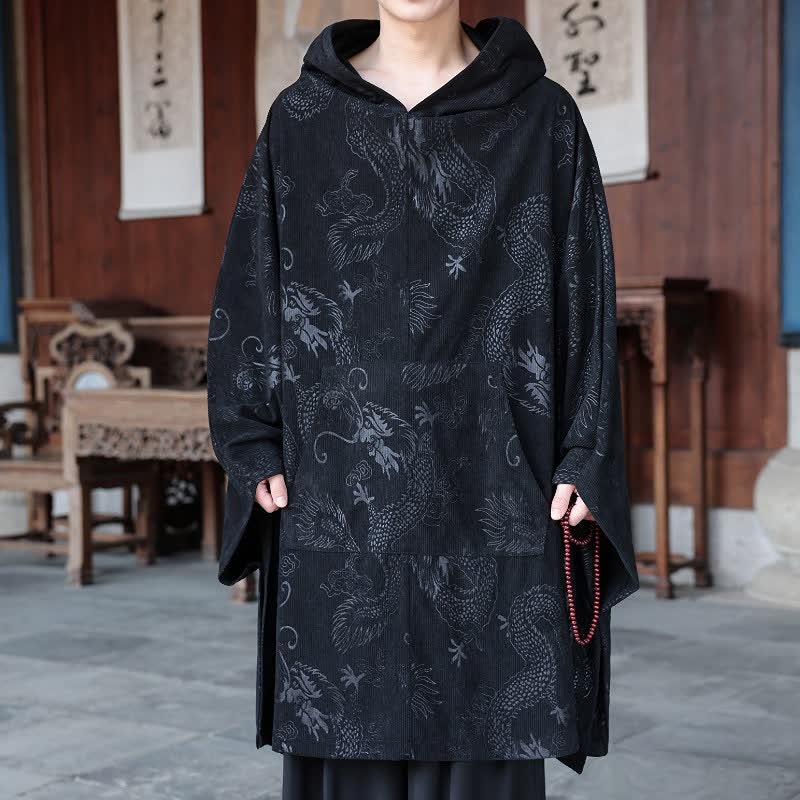 Buddha Stones Fall Winter Vintage Tang Style Corduroy Men's Long Sleeve Hoodies - Black - US/UK/AU46，EU56 (5XL) - image 0