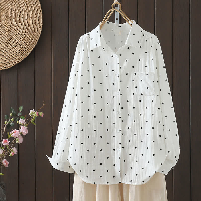 Buddha Stones Spring Fall Casual Button-Up Floral Women's Long Sleeve Shirts With Pocket - Polka Dots - US12, UK/AU16, EU44 (3XL) - image 14
