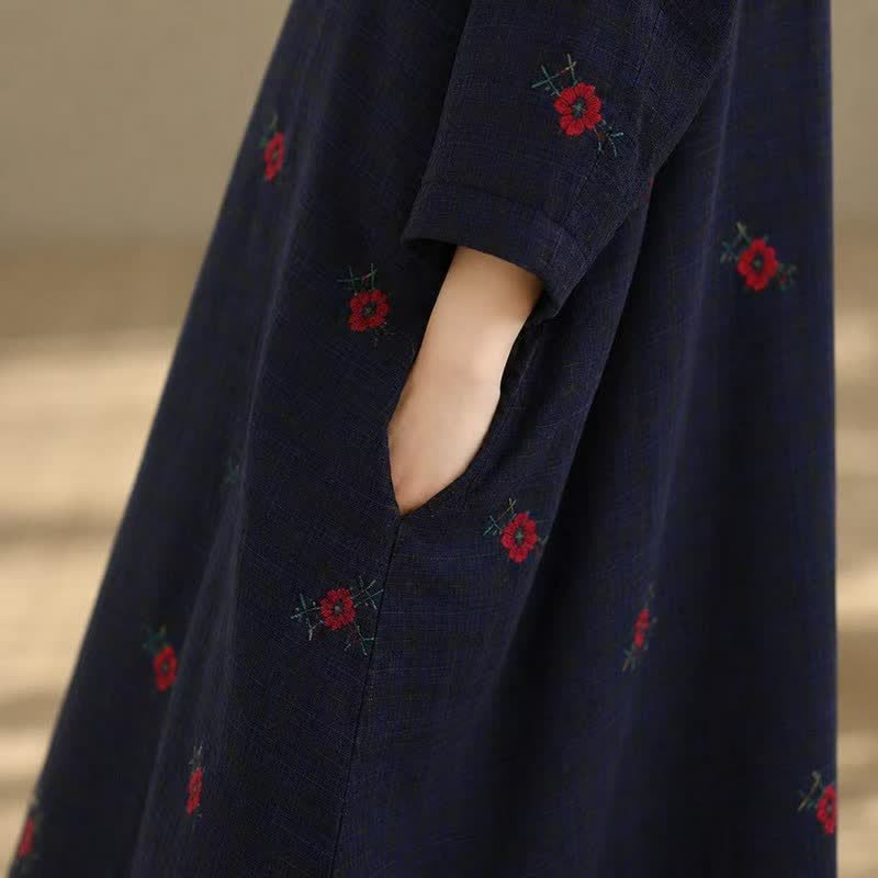 Buddha Stones Spring Fall Tang Style Vintage Mandarin Collar Floral Women's Long Sleeve Dresses With Pockets - image 7
