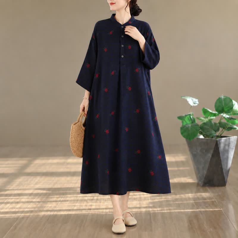Buddha Stones Spring Fall Tang Style Vintage Mandarin Collar Floral Women's Long Sleeve Dresses With Pockets - MidnightBlue - US4-14, UK/AU8-18, EU36-46 (F) - image 0