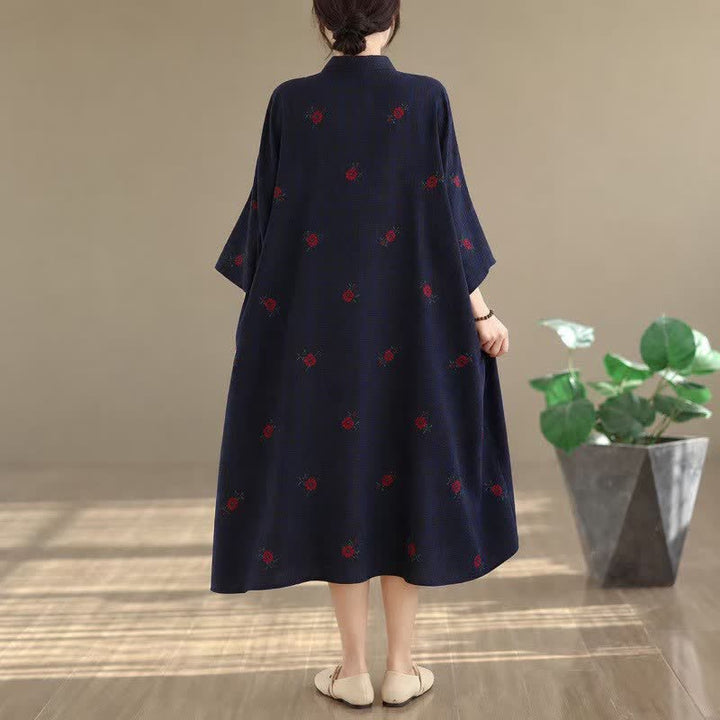 Buddha Stones Spring Fall Tang Style Vintage Mandarin Collar Floral Women's Long Sleeve Dresses With Pockets - image 4